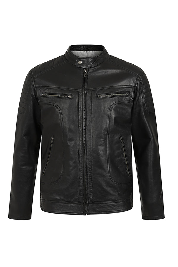 Black slim fit genuine leather biker jacket by LLD Original, featuring a classic design and available in multiple sizes.